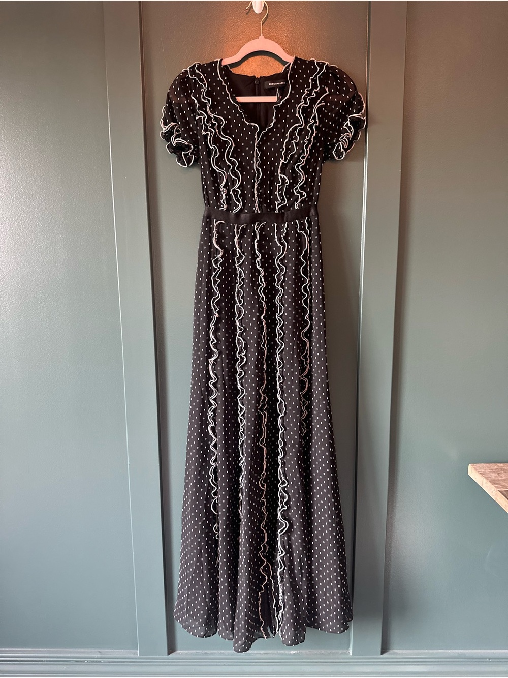 BCBGMaxAzria Black and White Polka Dot Ruffle Maxi Dress